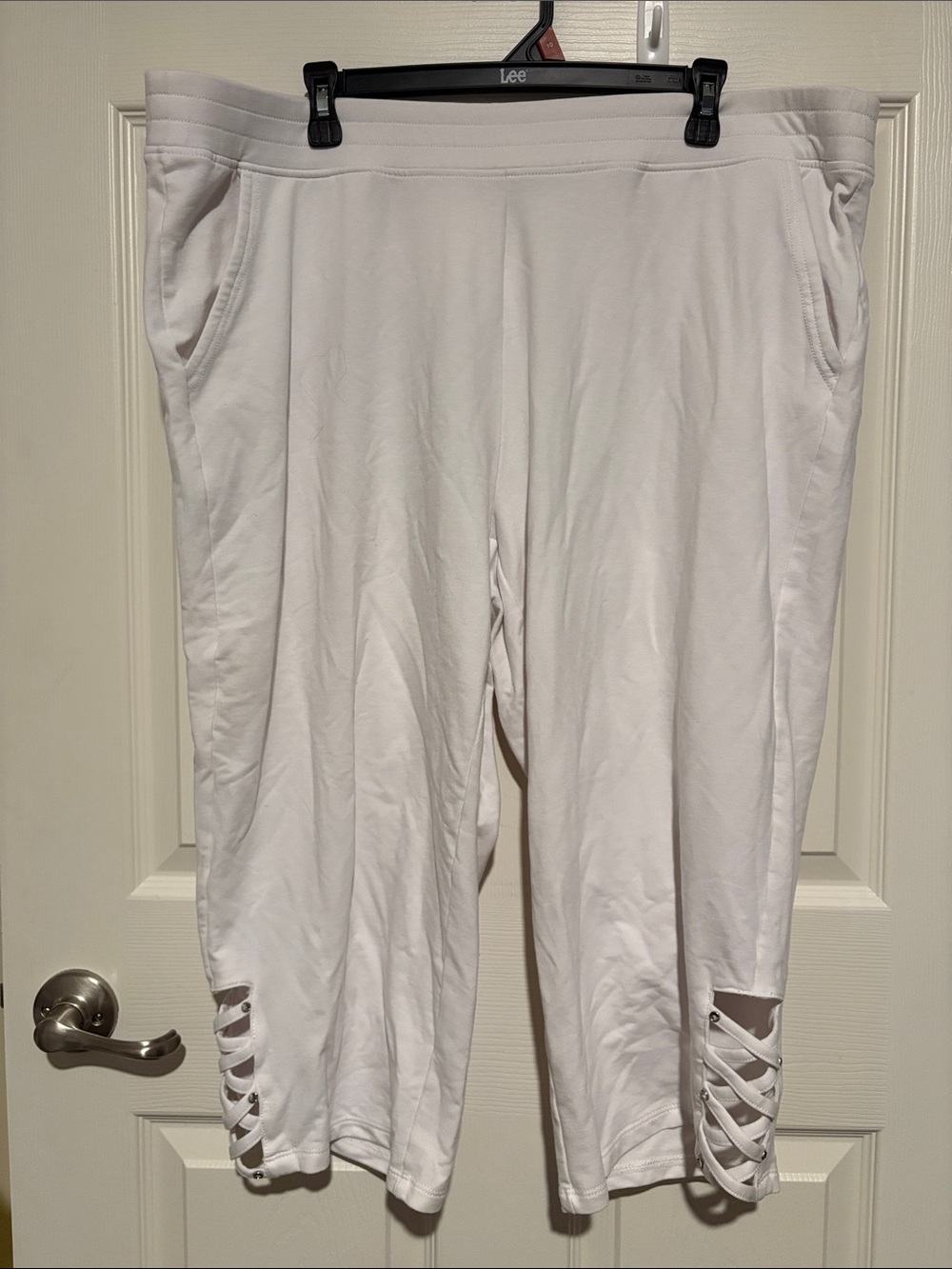 Onque Casual White pants with lattice jeweled hem